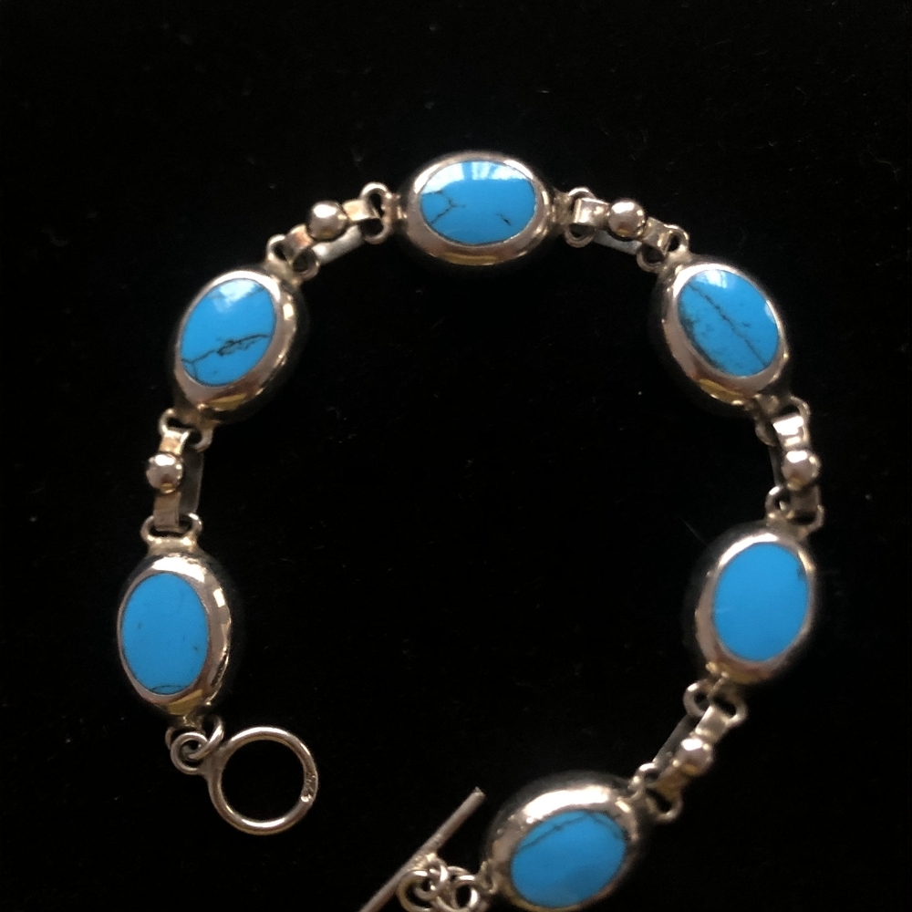 Vintage Mexico 925 Sterling Turquoise Cabochon 7" Bracelet . Only Turquoise One - Picture 6 of 10
